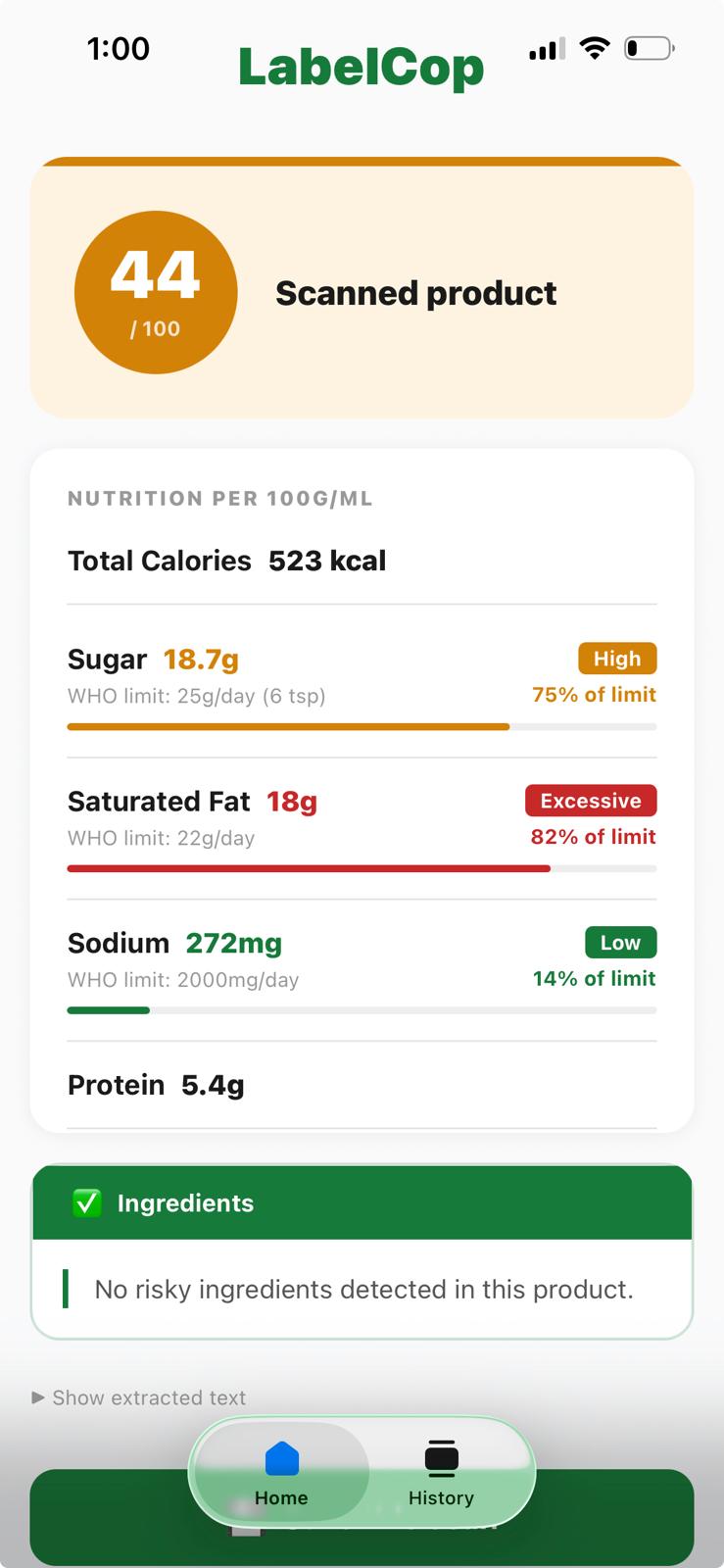 Real LabelCop scan result: 44/100 with WHO limit bars